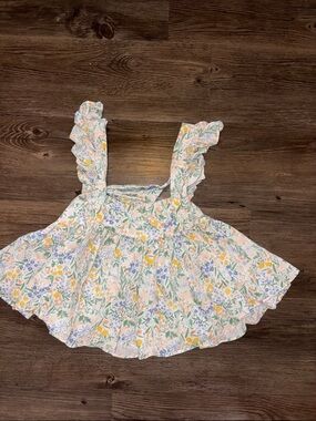 Floral Ruffle Strap Summer Top - White with Yellow & Lavender Flowers